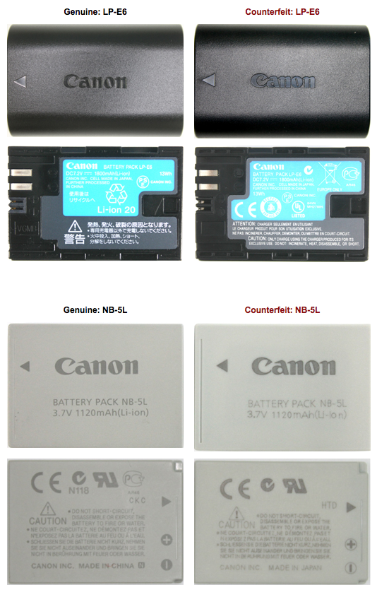 Deosebirea dintre un acumulator Canon original (stanga) si unul contrafacut (dreapta)