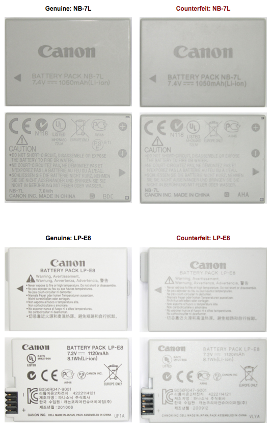 Deosebirea dintre un acumulator Canon original (stanga) si unul contrafacut (dreapta)