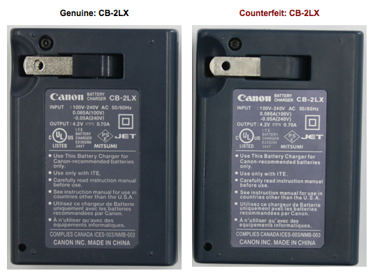 Deosebirea dintre un acumulator Canon original (stanga) si unul contrafacut (dreapta)