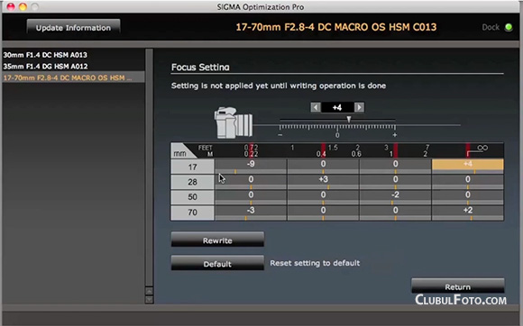 Ajustarea focusului la Sigma 17-70mm f/2.8-4 cu Sigma USB Dock