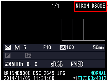 Nikon D800E afiseaza denumirea aparatului in ecranul de detalii ale imaginilor